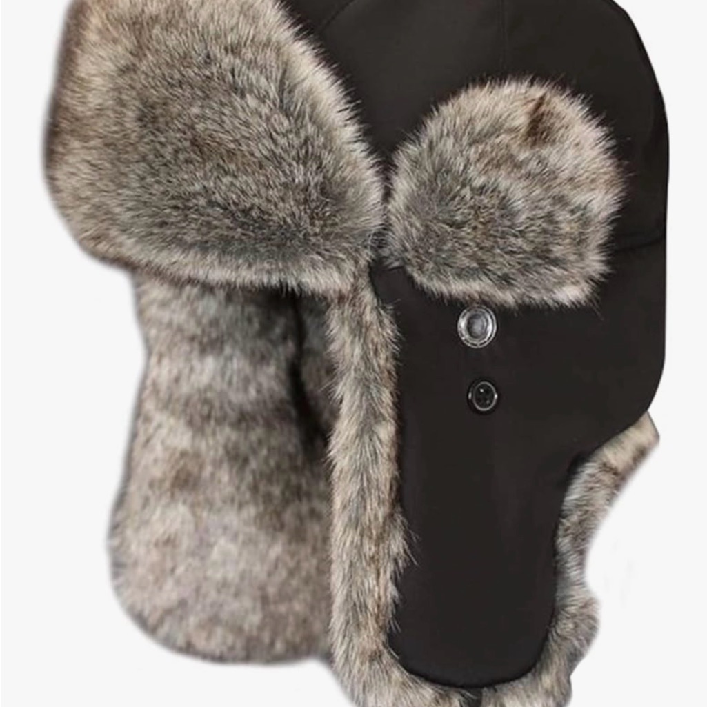 Faux Fur Trapper Hat In Black With Gray Fur